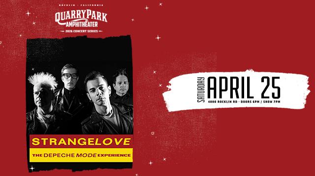 Strangelove - The Depeche Mode Experience concert poster for Quarry Park Amphitheatre in Rocklin, California featuring a black and white photo of four band members in leather jackets against a black background with dramatic lighting. Top text reads "Quarry Park Amphitheater 2026 Concert Series" in white. Band name "Strangelove" appears in bold yellow text on a yellow rectangle, with "The Depeche Mode Experience" below in yellow and red text. Bottom section states "Saturday April 25, 4000 Rocklin Rd, Doors 6PM / Show 7PM" on a white brushstroke banner. Footer reads "Tickets at quarryparkconcerts.com" in white text. The background is a textured red with white stars scattered throughout.