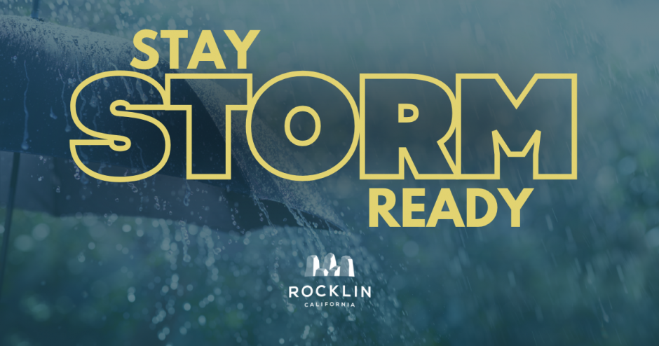 Rain dripping off an umbrella with words in yellow in the foreground: Stay Storm Ready