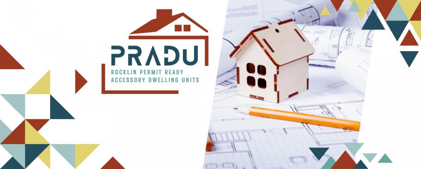 A graphic of the Permit Ready ADU logo alongside a stock image of a tiny house on a roll of blueprint