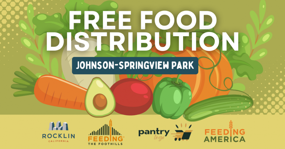 Illustration of fruits and vegetables with a headline reading "Free Food Distribution in Johnson-Springview Park"