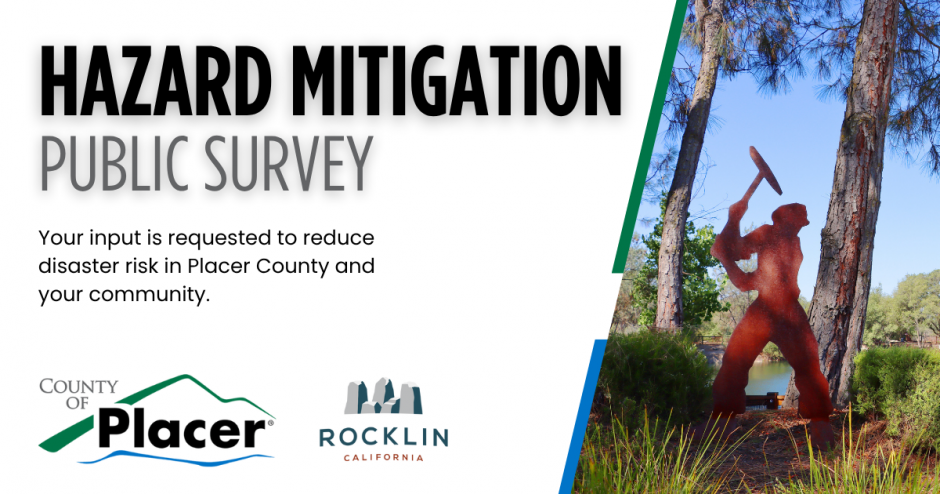 Graphic requesting public comments on Hazard Mitigation in Placer county, with a photo of a statue of a Rocklin miner on the right side