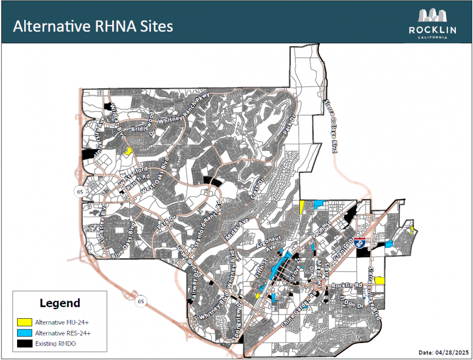 Map of Rocklin with identified alternative RHNA sites