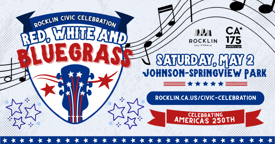 Promotional graphic for the Rocklin Civic Celebration event titled "Red, White and Bluegrass." The design features a patriotic red, white, and blue color scheme on a light blue background. At the top, a dark blue banner reads "Rocklin Civic Celebration." Below it, the event name "Red, White and Bluegrass" is displayed in large, bold lettering with "Red, White and" in blue and "Bluegrass" in red. Centered in the graphic is a shield shape containing a blue guitar headstock decorated with red and white stars and stripes. Surrounding the shield are decorative blue and red stars of varying sizes. Musical notes and staff lines float across the upper left and right corners of the image. Below the shield, the event details read: "Saturday, May 2" and "Johnson-Springview Park" in bold navy text. A decorative row of red, white, and blue stars and stripes separates the date from a dark blue oval button displaying the website address "rocklin.ca.us/civic-celebration." The Rocklin, California city logo appears in the lower right corner.