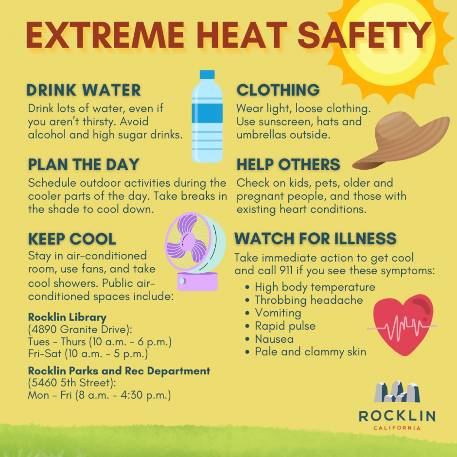 Heat Advisory Infographic (Drink water, Plan the Day, Keep Cool, Clothing, Help others, watch for heat illness)